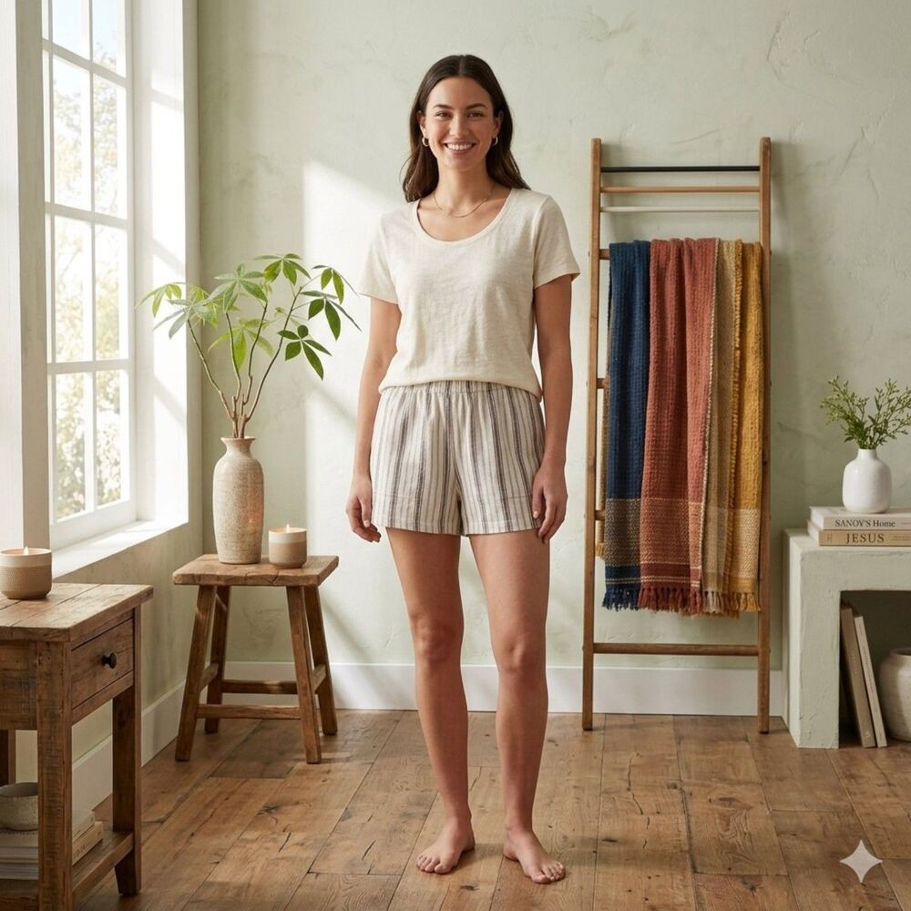 Universal Thread Linen Blend Shorts Womens XL White Black Striped Pull On
